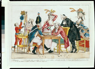 Karikatuur van Lodewijk XVI (1754-93) die schaak speelt met een soldaat van de Nationale Garde door French School